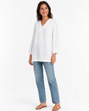 Joie White 100% Linen Tunic Top Medium V Neck Peasant Blouse Coastal Resort